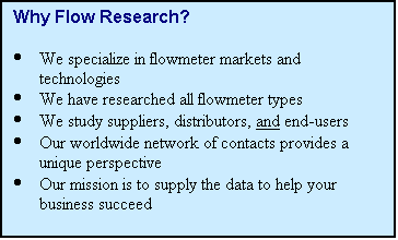 Text Box: Why Flow Research?

	We specialize in flowmeter markets and technologies
	We have researched all flowmeter types
	We study suppliers, distributors, and end-users
	Our worldwide network of contacts provides a unique perspective
	Our mission is to supply the data to help your business succeed

